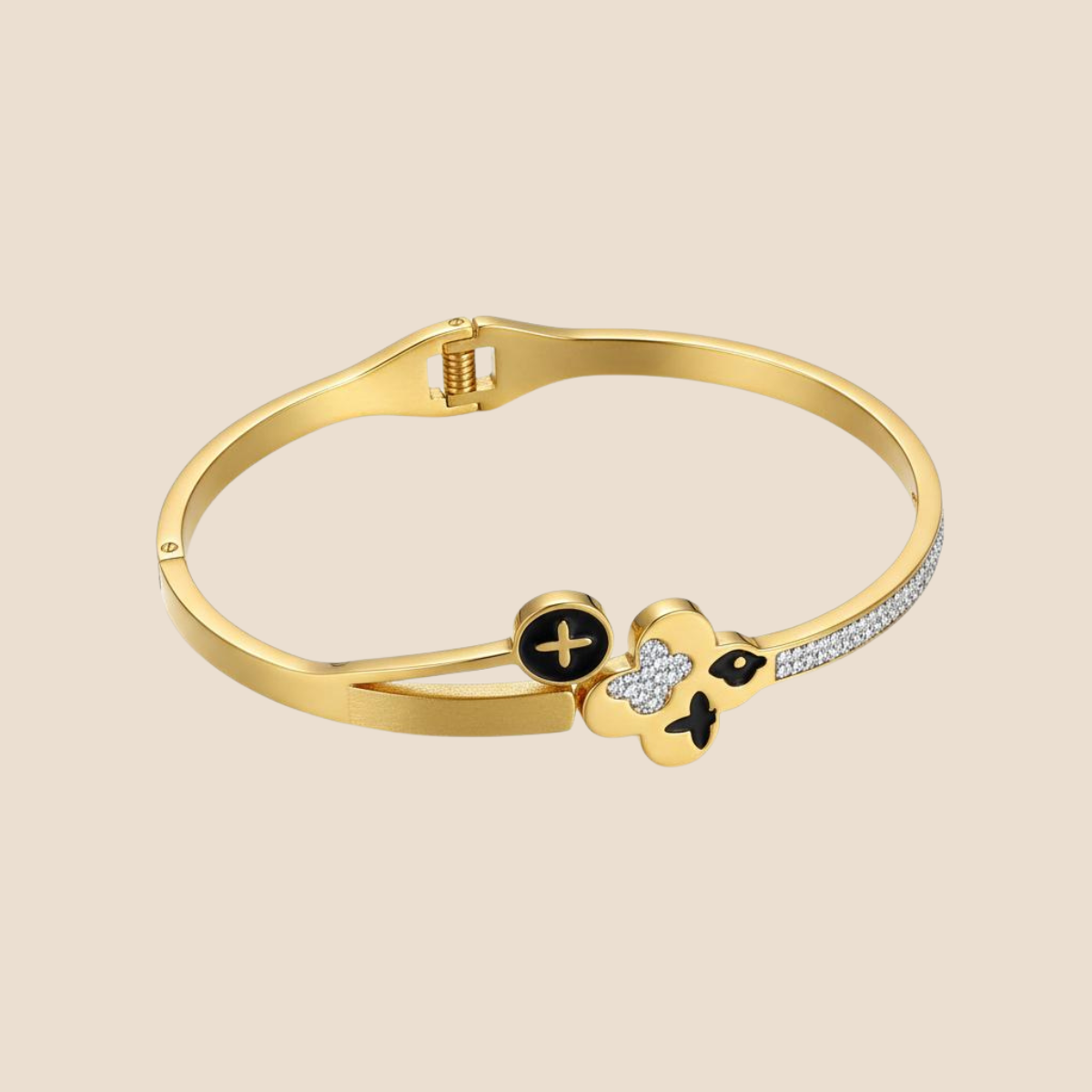 Clover Bangle Bracelet – Black & Gold Crystal Accent