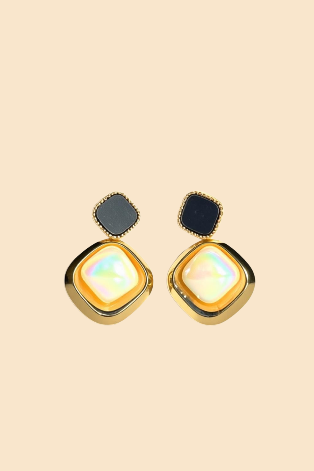 Iridescent Pearl Drop Earrings – Black & Gold