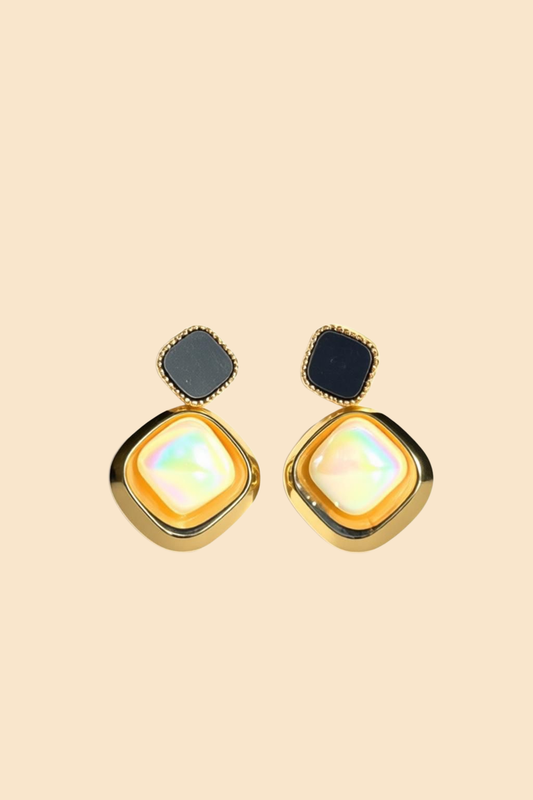Iridescent Pearl Drop Earrings – Black & Gold