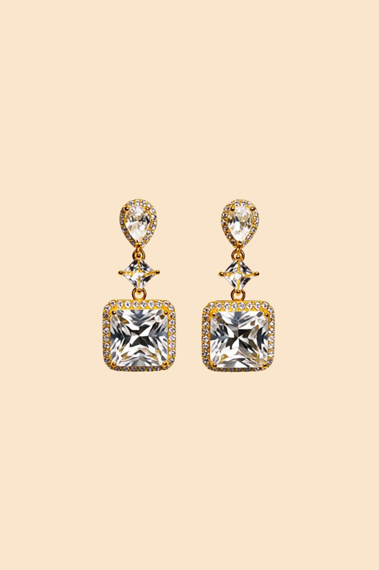 Crystal Drop Earrings – Gold Square Statement
